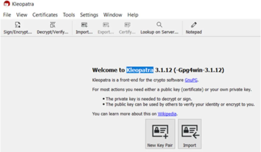 Kleopatra welcome screen with New Key Pair and Import buttons for managing PGP keys