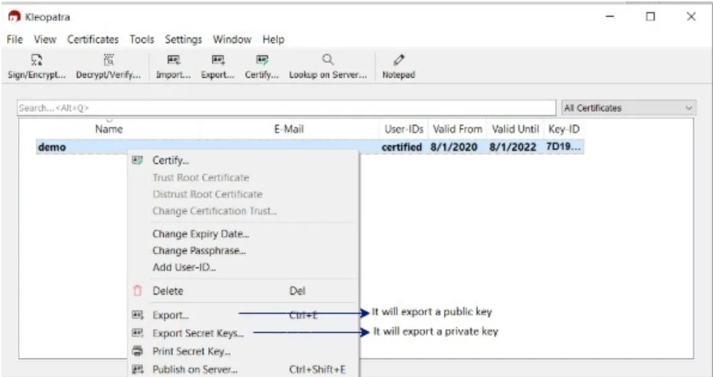 Kleopatra context menu noting Export gives the public key and Export Secret Keys the private key