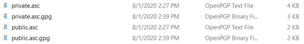 File listing with private.asc and public.asc next to their dearmored .gpg versions