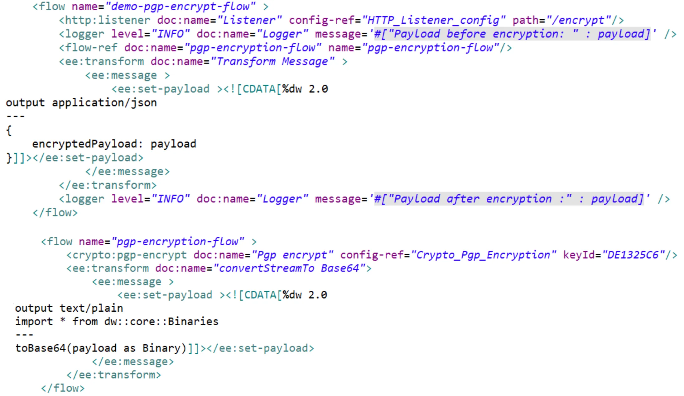 **To log or use payload in the next processor, convert the encrypted stream to a base64 data type.