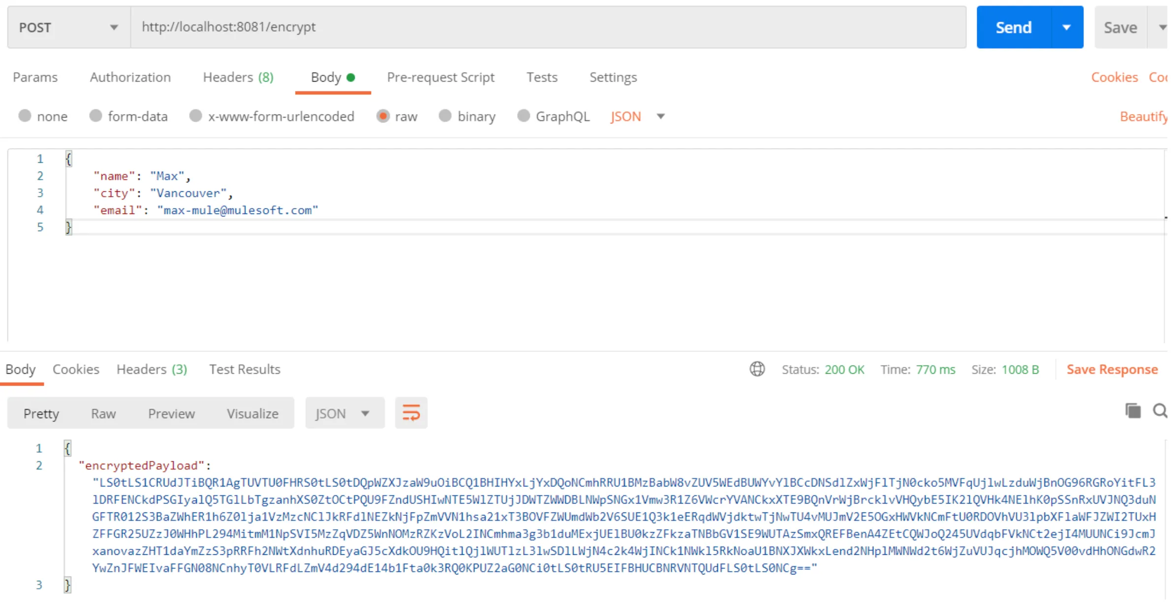 Postman POST to /encrypt returning a PGP-encrypted payload as a base64 string