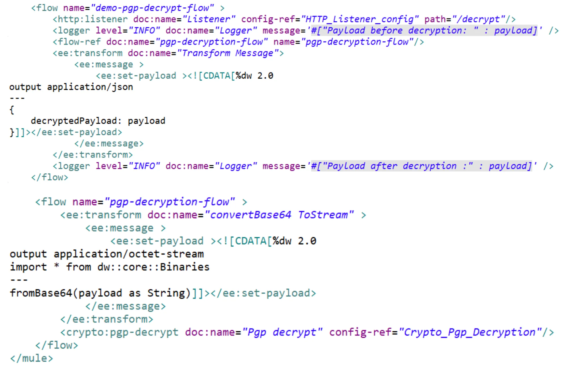 Mule XML for the decryption flow converting the base64 payload to a stream and running Pgp decrypt