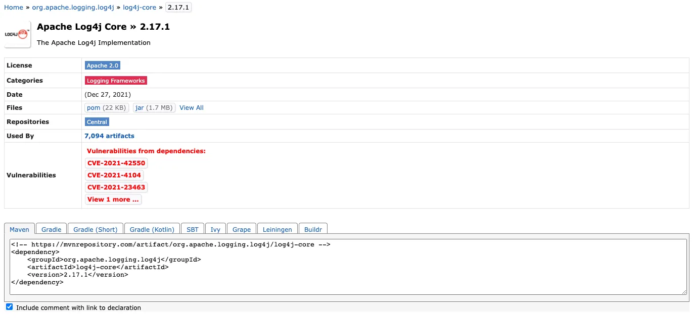 log4j-core 2.17.1 detail page showing the Maven dependency XML snippet to copy