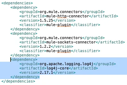 pom.xml dependencies section with the log4j-core 2.17.1 dependency block highlighted