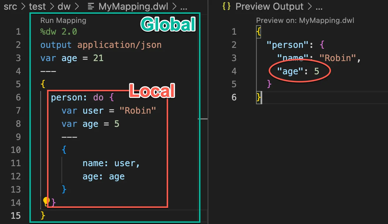 DataWeave script with the global scope outlined in green and the do-operator local scope in red