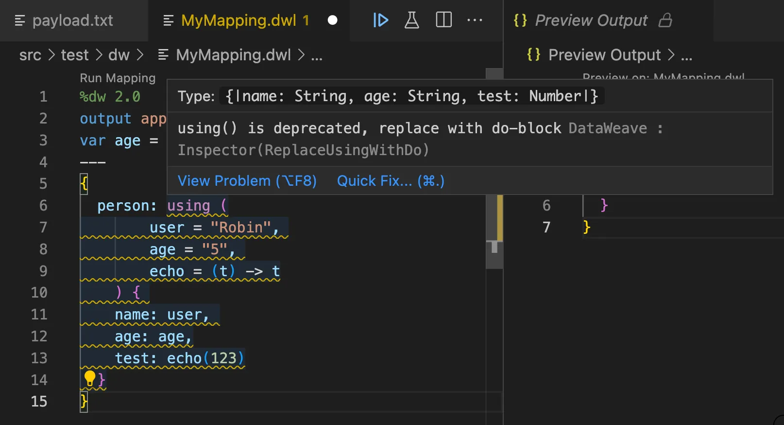 Anypoint Studio warning that the using operator is deprecated, suggesting replacing it with do