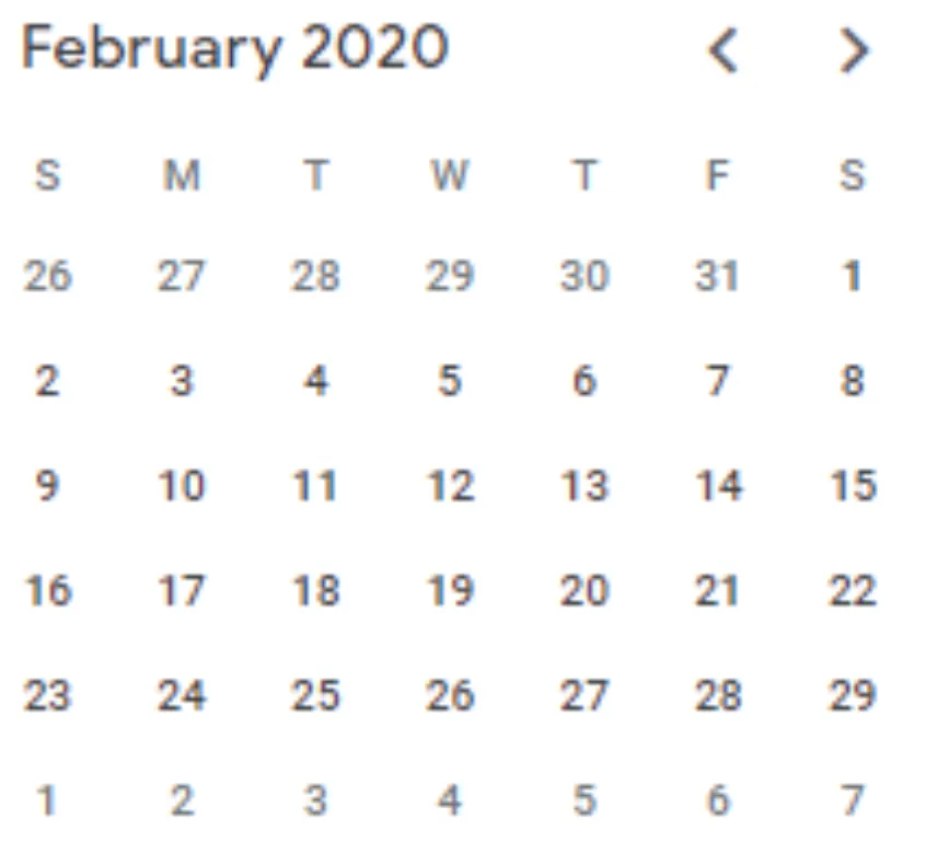 February 2020 calendar ending on the 29th, showing no February 31