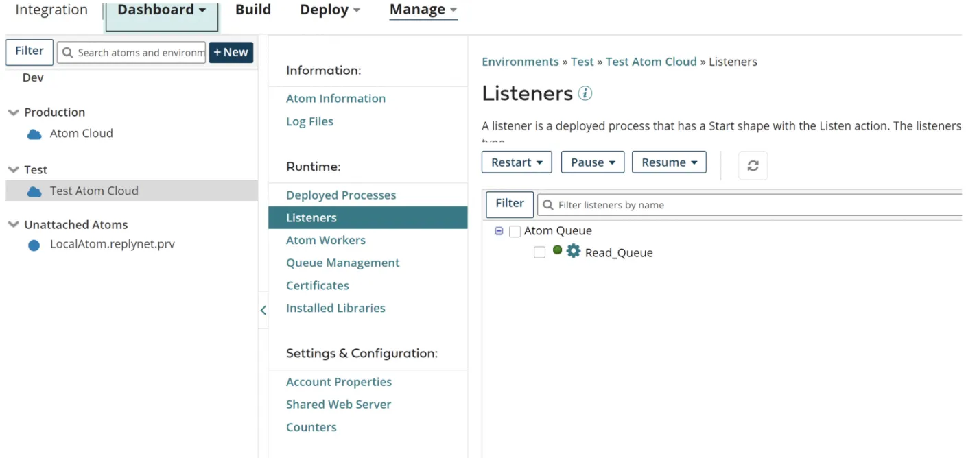 Atom Management Listeners page showing Read_Queue in listen mode