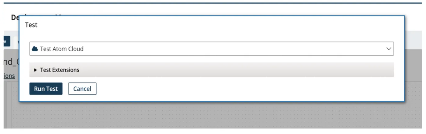 Boomi Test dialog with a Test Atom Cloud selected and a Run Test button