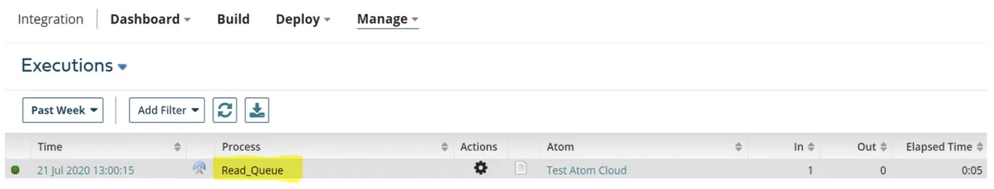 Boomi Executions report showing a completed Read_Queue process run