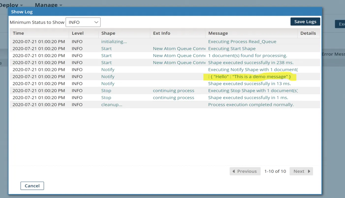Boomi process log showing the Notify shape printing the received "Hello" message