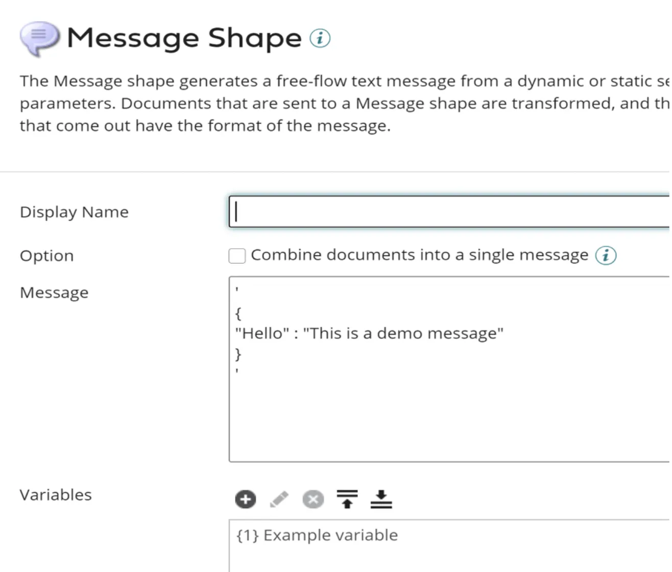 Boomi Message Shape config holding a JSON "Hello" demo message