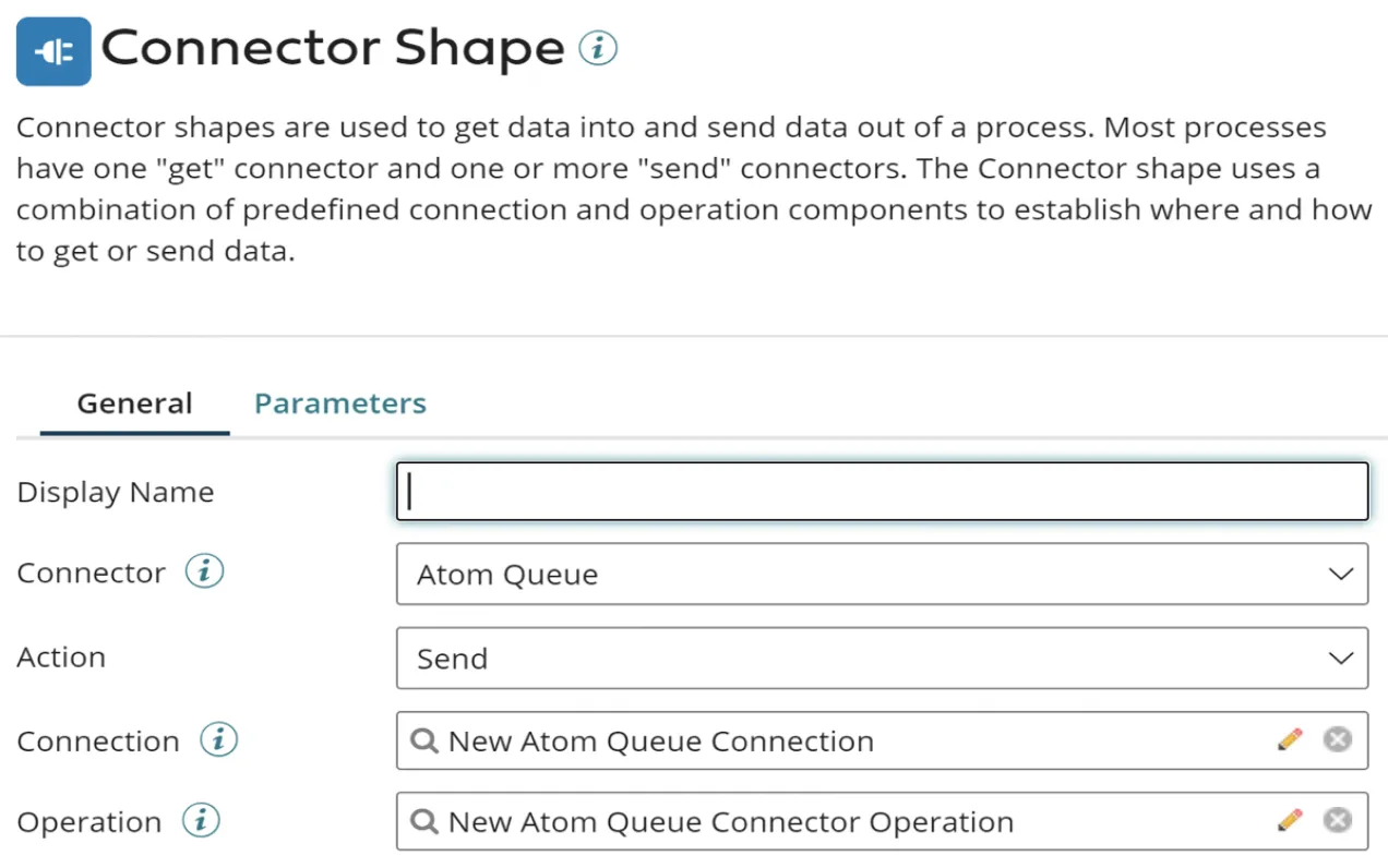 Boomi Connector Shape set to Atom Queue connector with the Send action