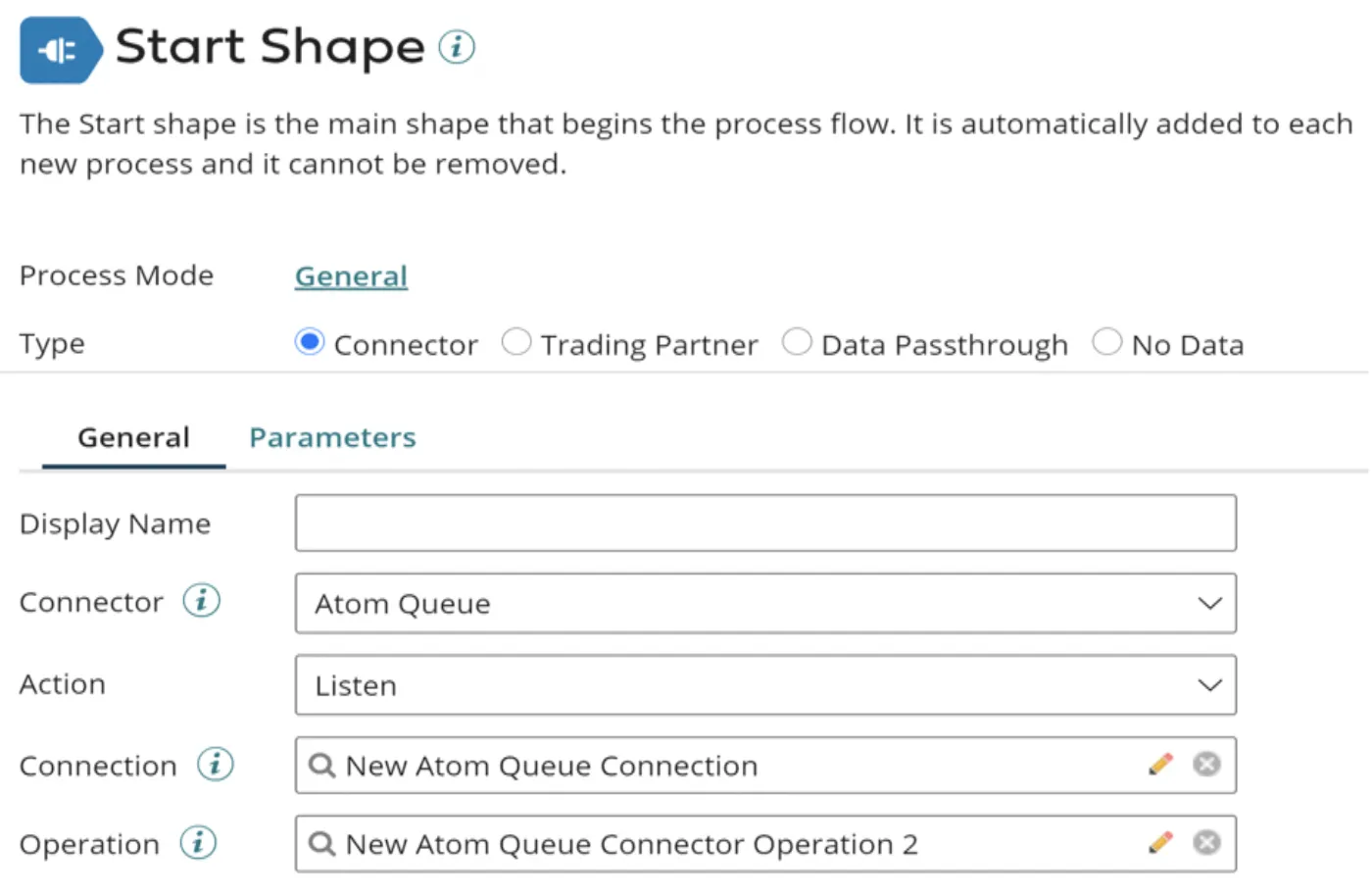 Boomi Start Shape with Atom Queue connector and the Listen action selected