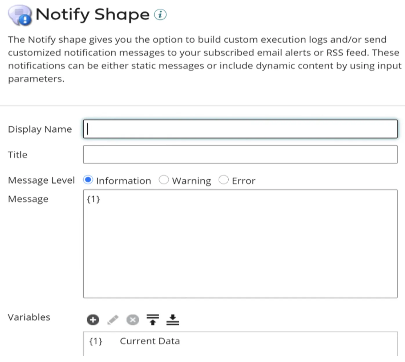 Boomi Notify Shape config set to print the Current Data message