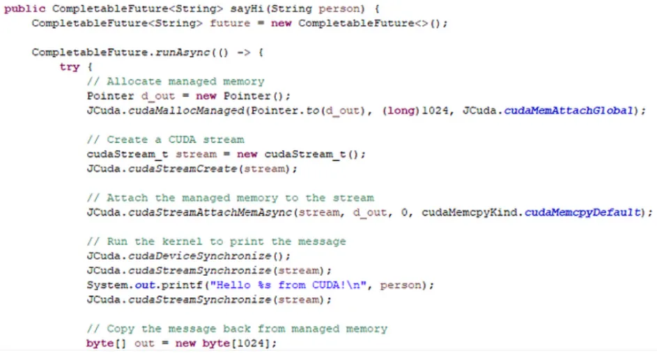 Java code using JCuda to allocate managed GPU memory and run a kernel from a Mule flow