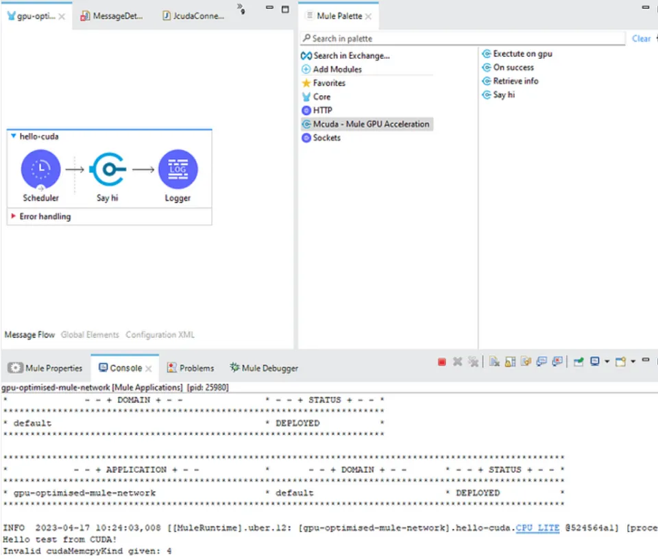 Anypoint Studio hello-cuda flow and console printing Hello test from CUDA from the GPU