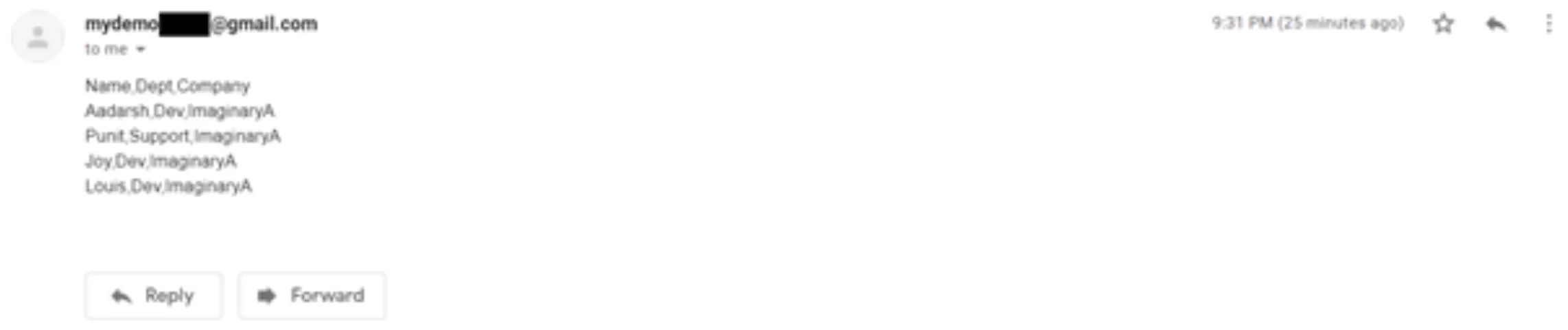 Received email listing only the ImaginaryA employee records in CSV format