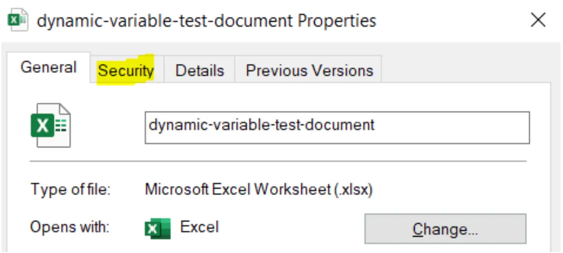 Windows file Properties dialog for the .xlsx test document, Security tab highlighted