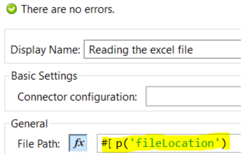 Read component config with File Path set to p('fileLocation') and no errors