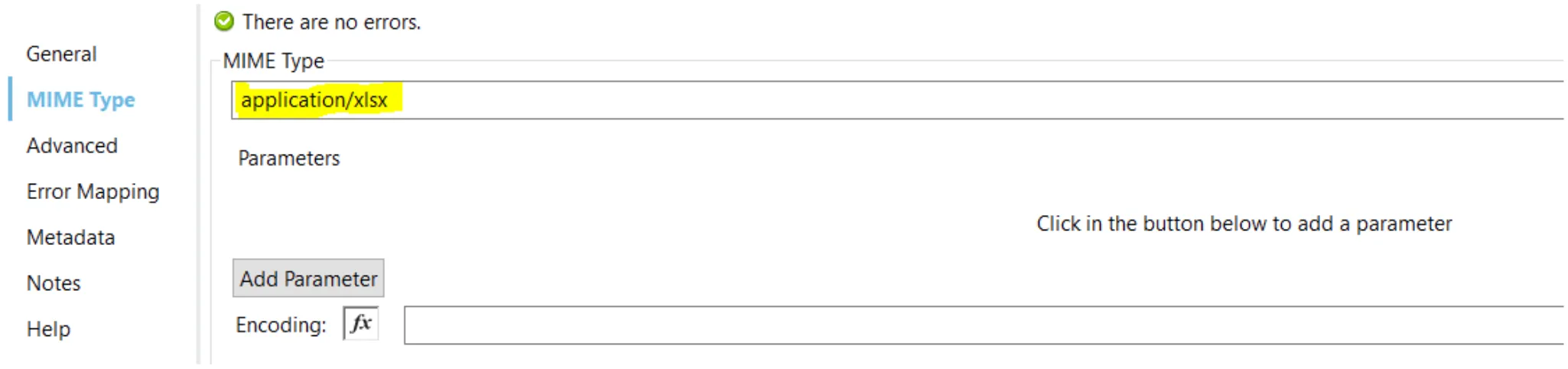 Read component MIME Type tab set to application/xlsx for the Excel file