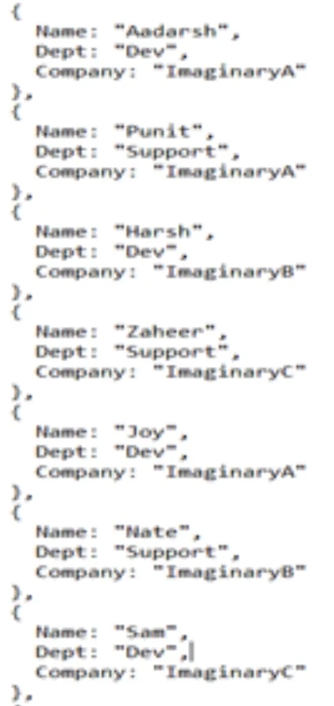 Logged payload showing each record's Name, Dept, and Company as JSON objects