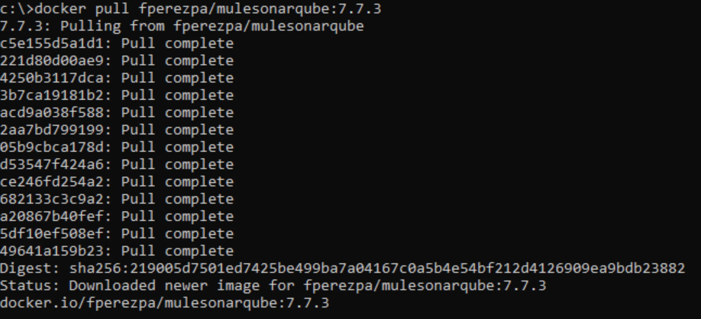 Terminal showing docker pull of the mulesonarqube:7.7.3 image with all layers Pull complete