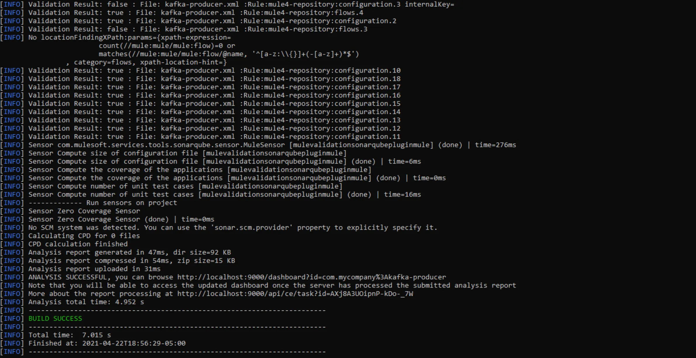 Maven output ending in ANALYSIS SUCCESSFUL and BUILD SUCCESS with the report URL
