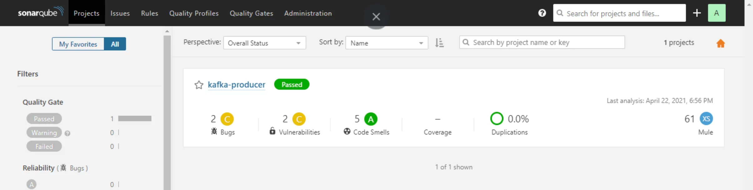 SonarQube Projects list with the kafka-producer project Passed, showing 2 bugs and 5 code smells