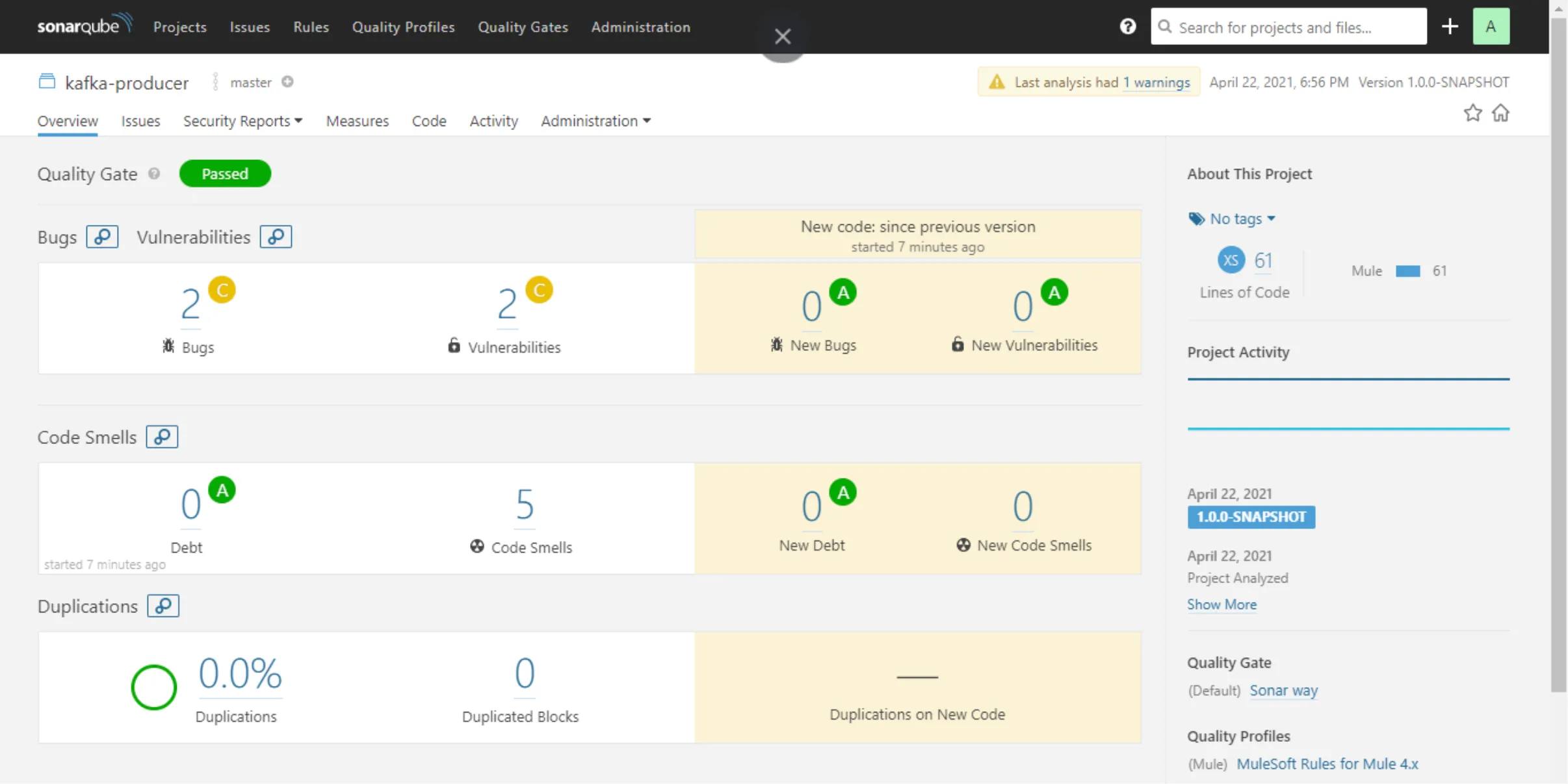 kafka-producer project overview with Bugs, Vulnerabilities, Code Smells and Duplications metrics
