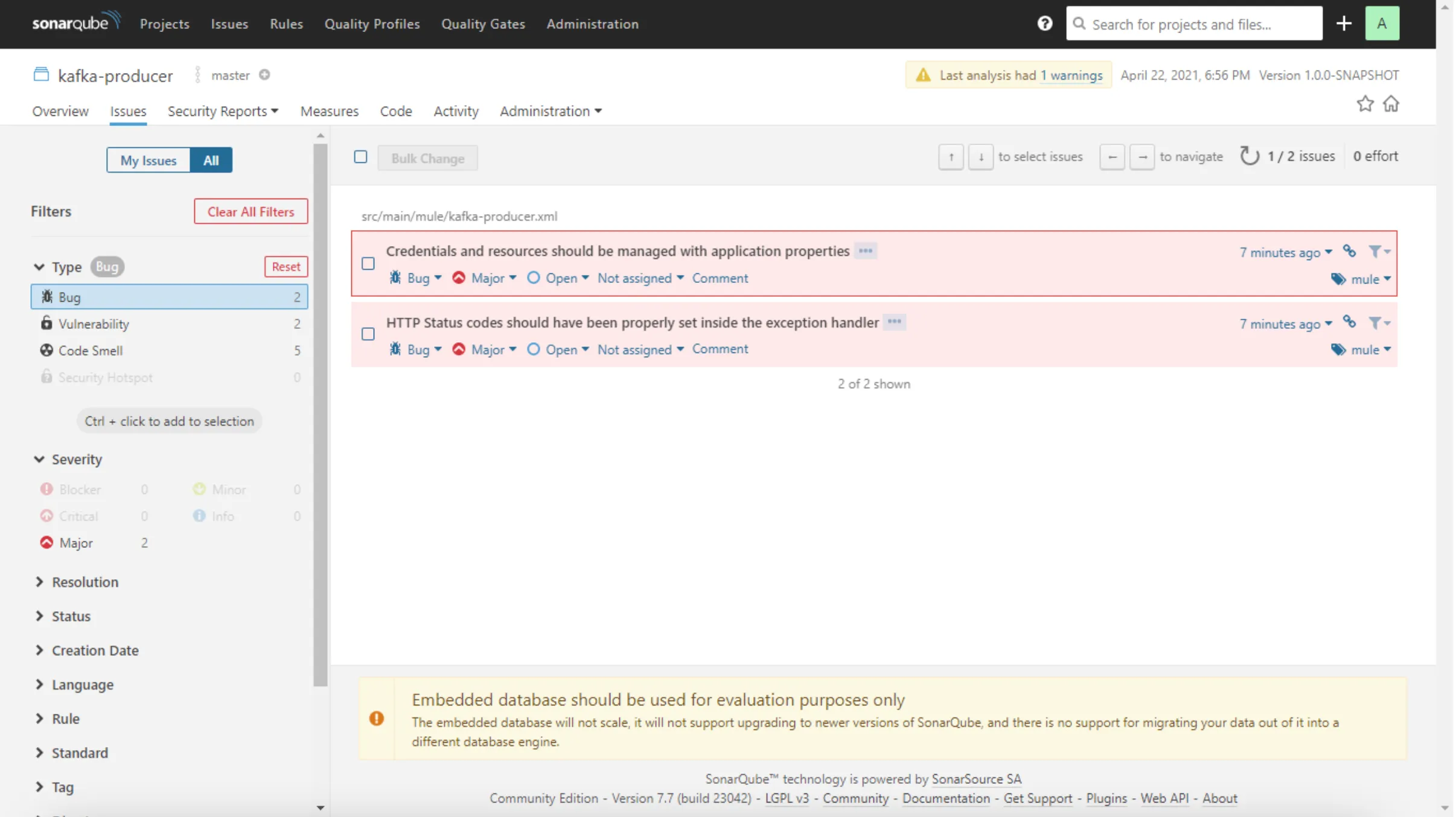 SonarQube Issues view listing two bugs including credentials should be managed with properties