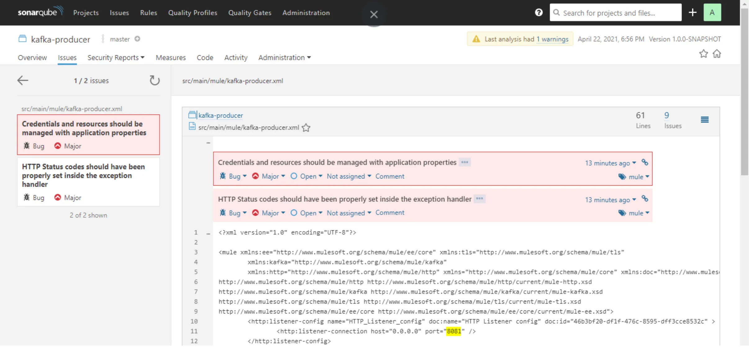 Bug detail showing the offending HTTP Listener config XML with hardcoded host and port 8081