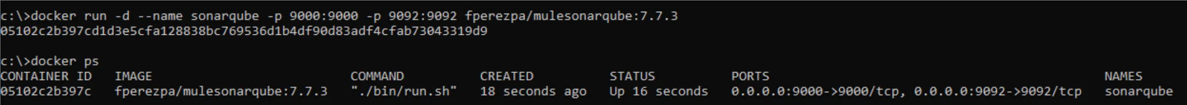 Terminal with docker run then docker ps showing the sonarqube container Up on ports 9000 and 9092