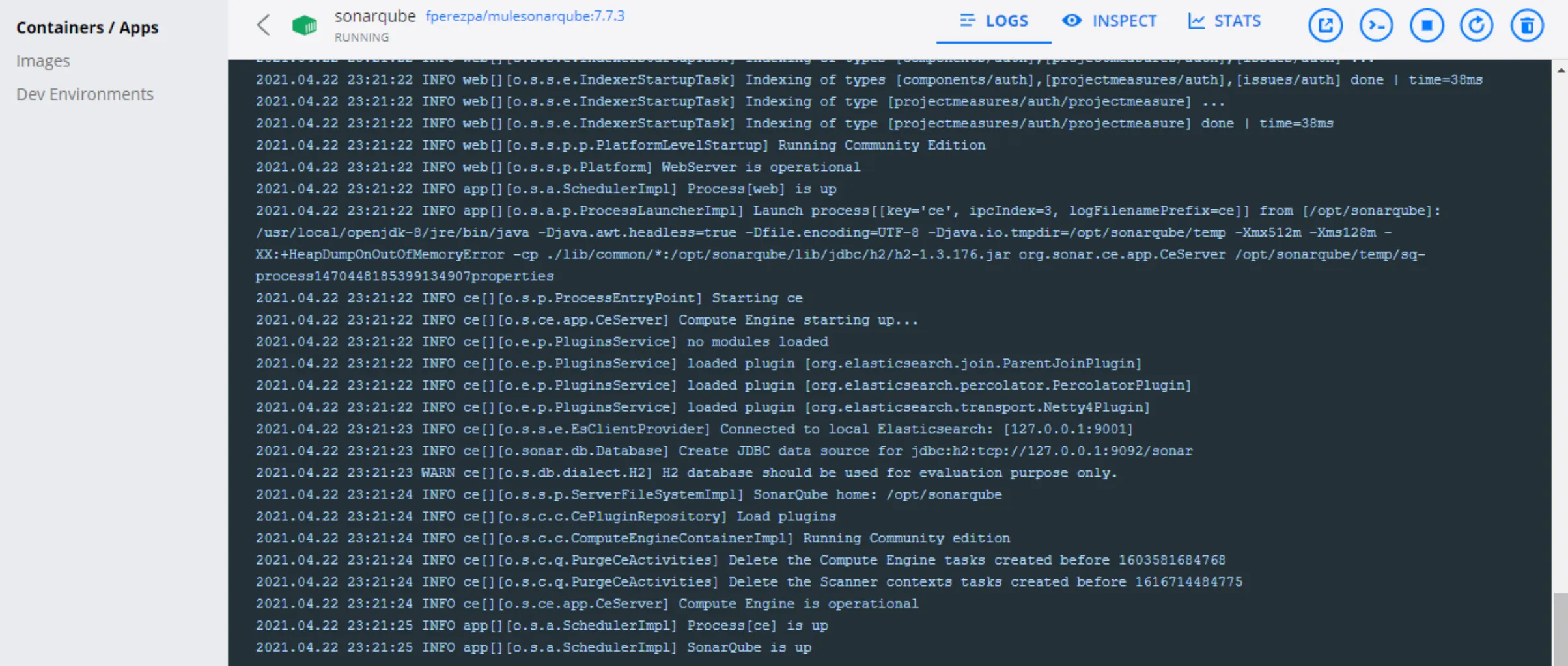 Docker Desktop showing the running sonarqube container's startup logs
