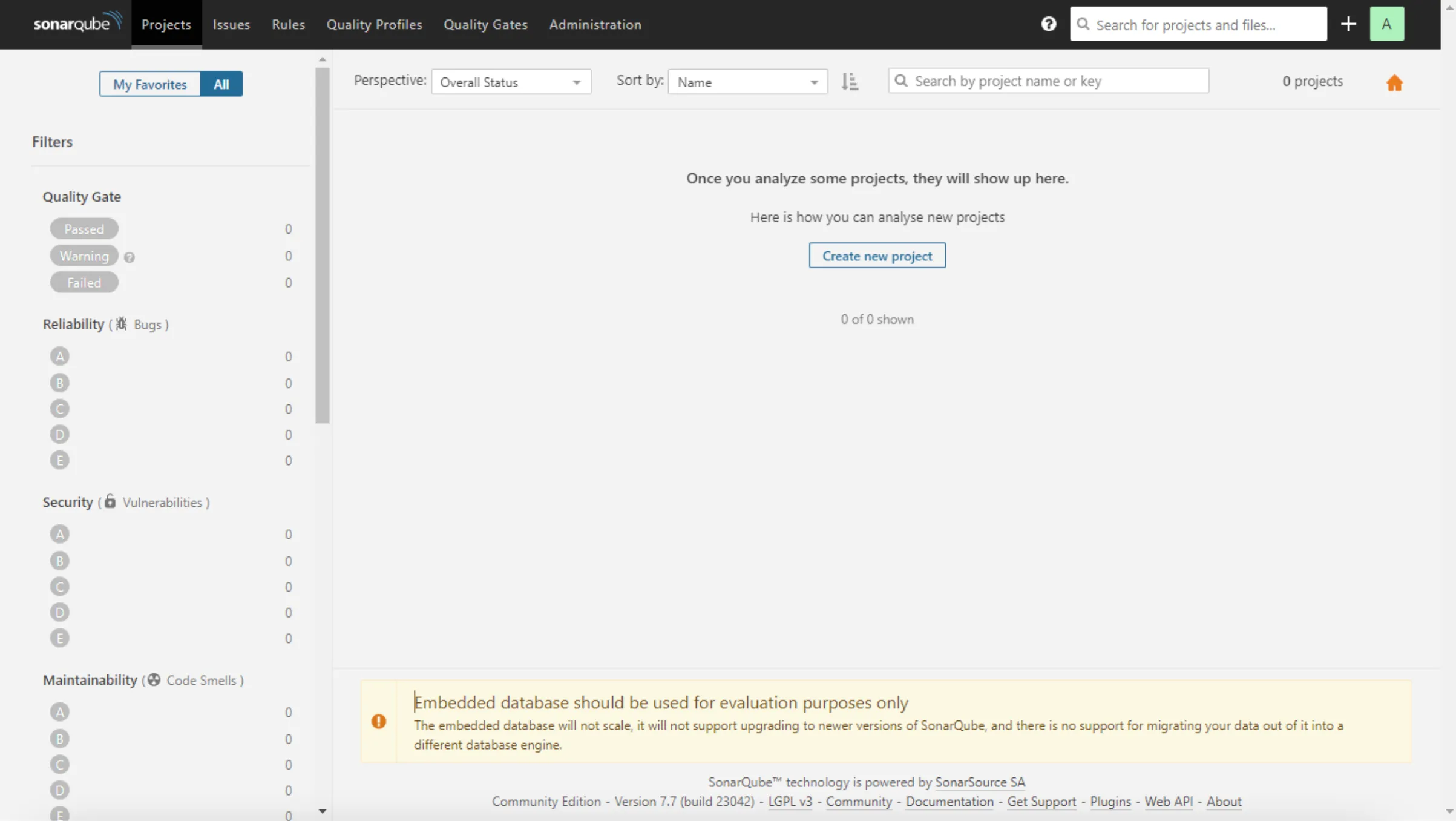 Empty SonarQube Projects dashboard with a Create new project button