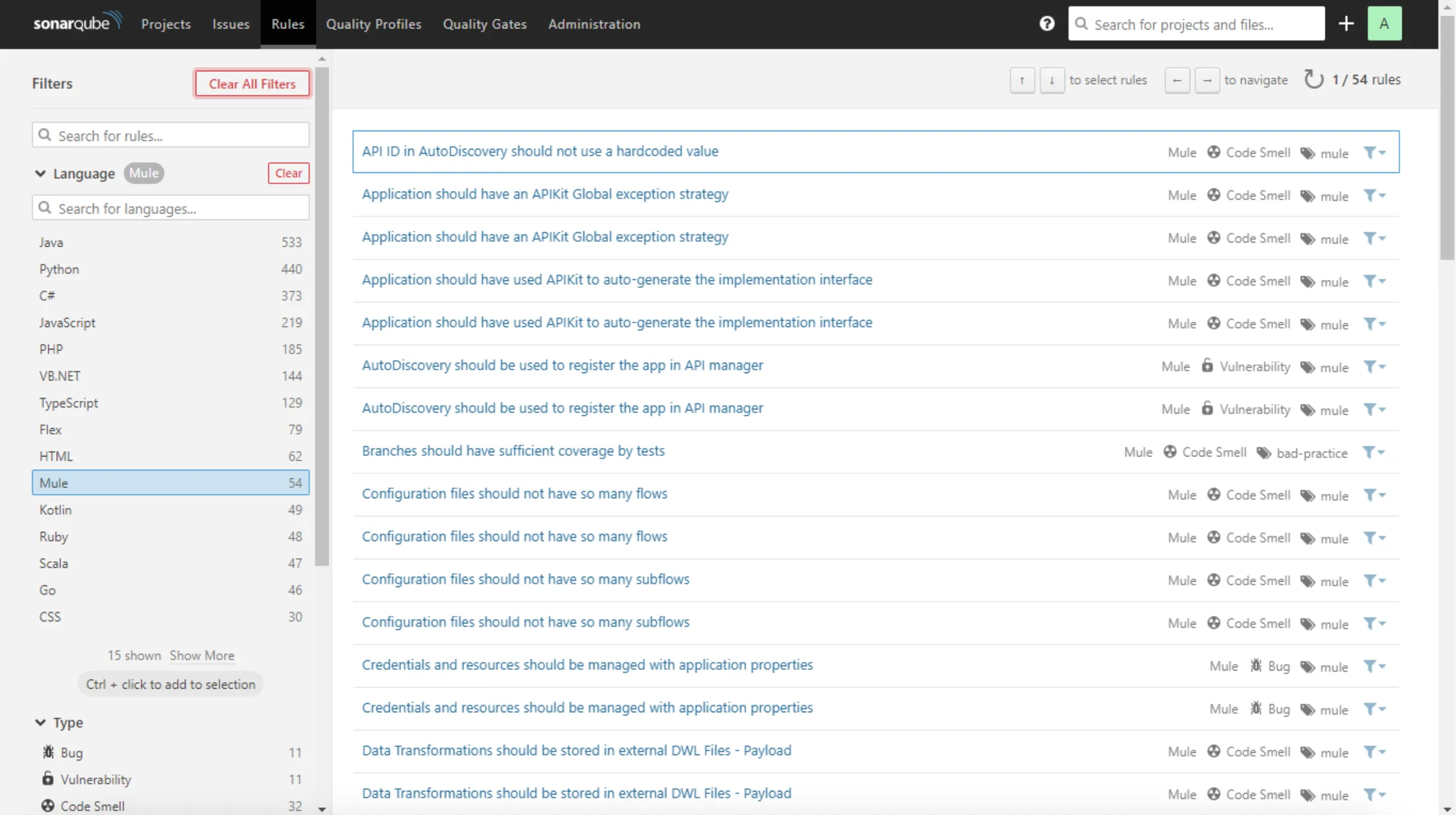 SonarQube Rules page filtered by the Mule language, listing 54 Mule rules