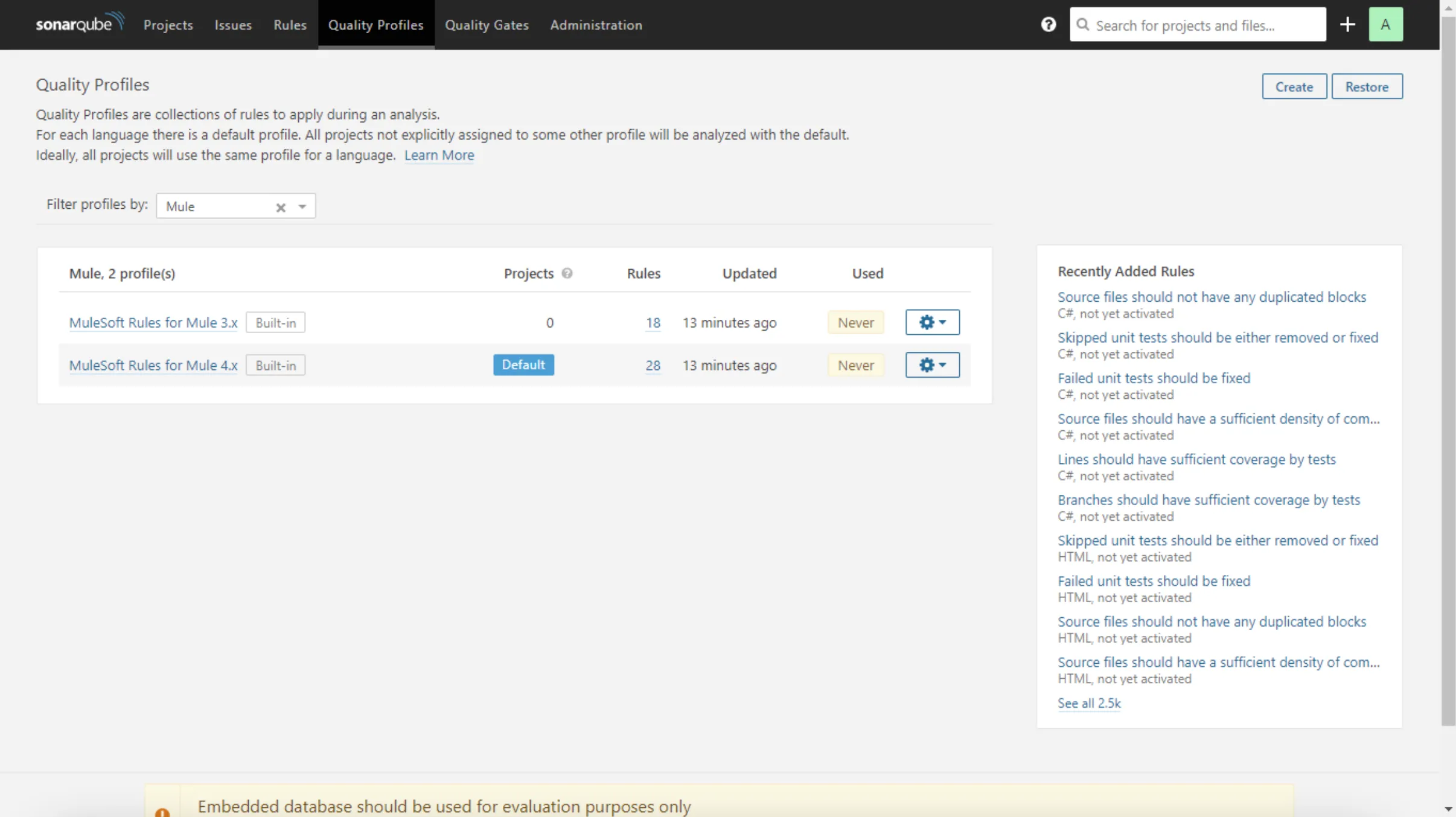 SonarQube Quality Profiles showing MuleSoft Rules for Mule 3.x and Mule 4.x, with 4.x default