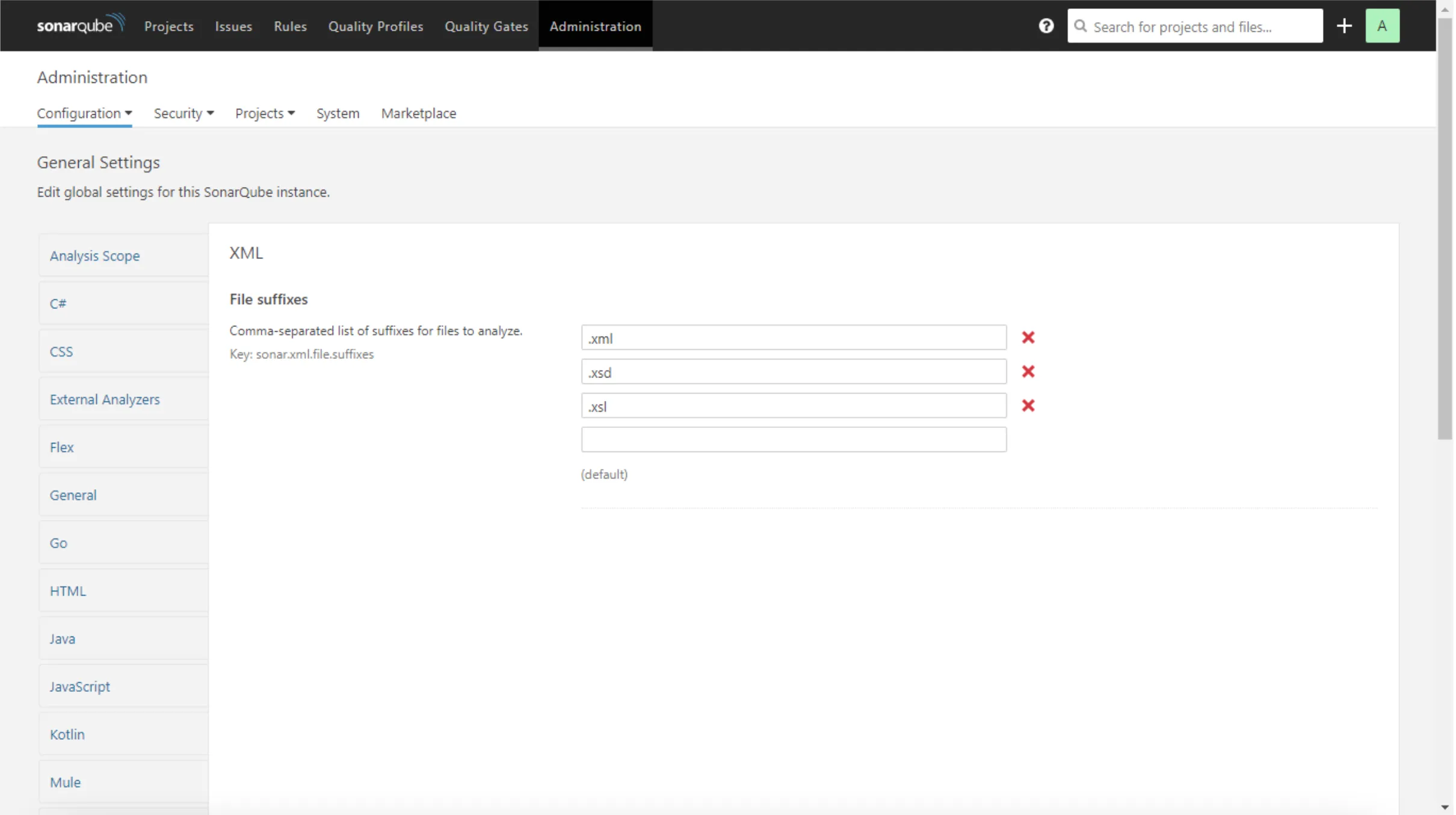 SonarQube XML plugin File suffixes setting listing .xml, .xsd and .xsl with remove crosses