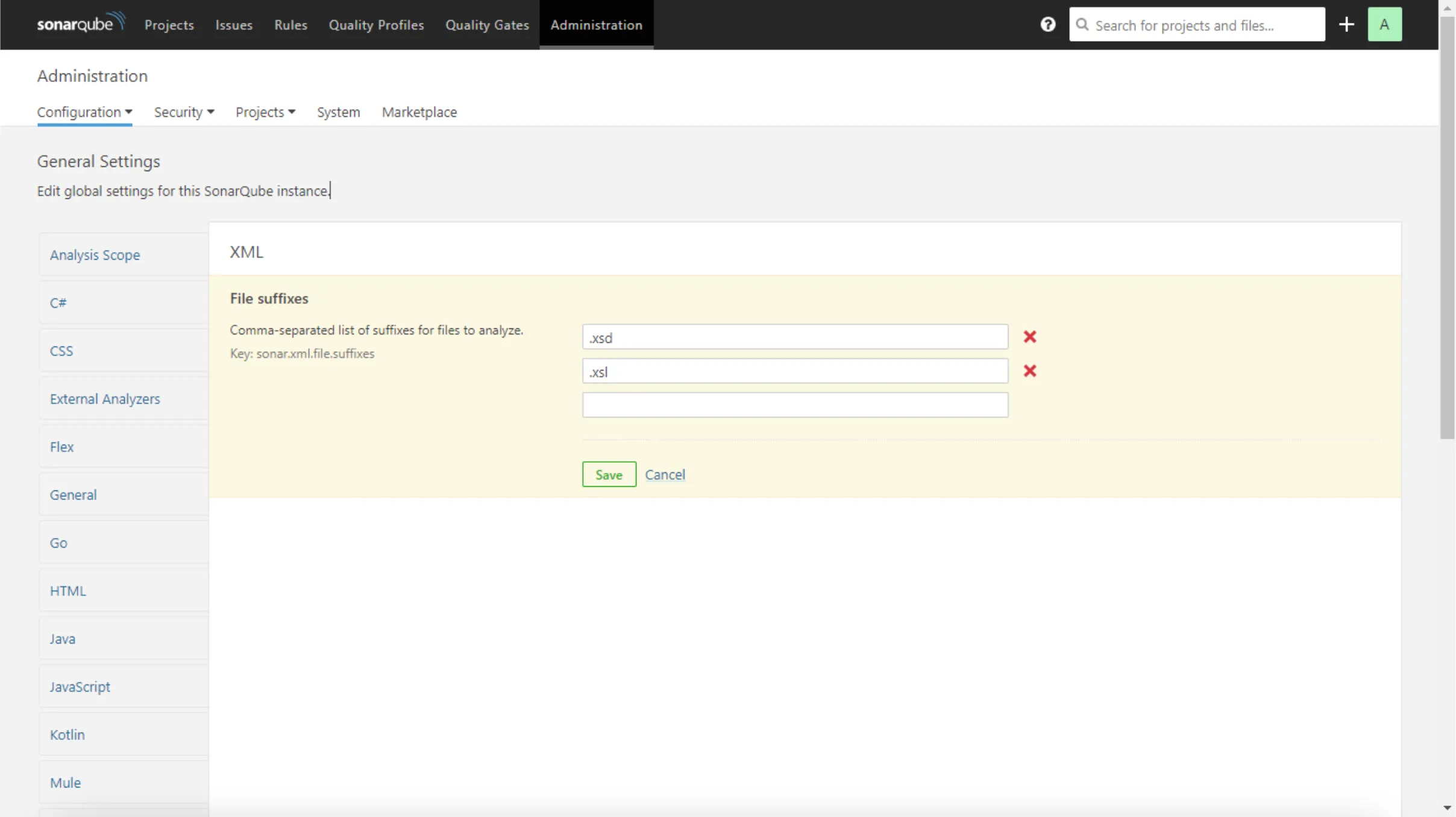 XML File suffixes after removing .xml, now only .xsd and .xsl, with the Save button