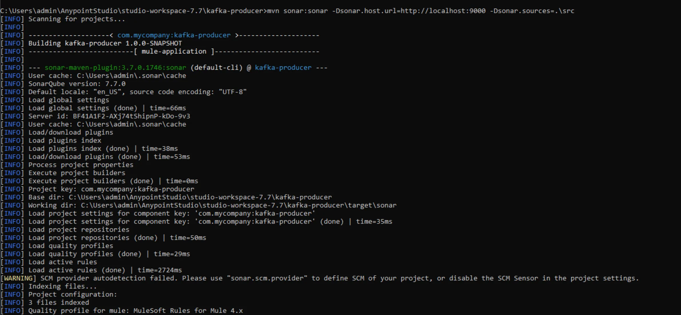 Terminal output of mvn sonar:sonar starting analysis of the kafka-producer project