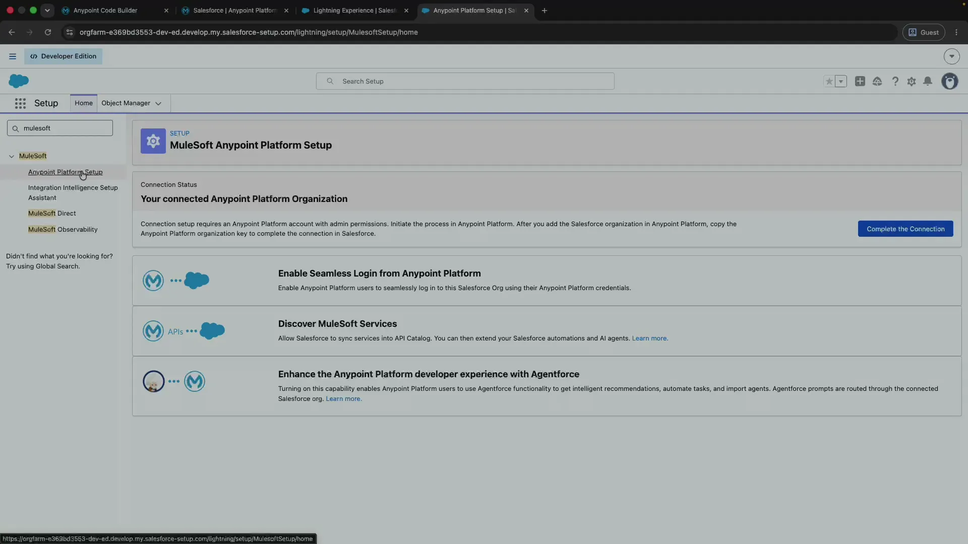 The MuleSoft Anypoint Platform Setup page in Salesforce with a Complete the Connection button.