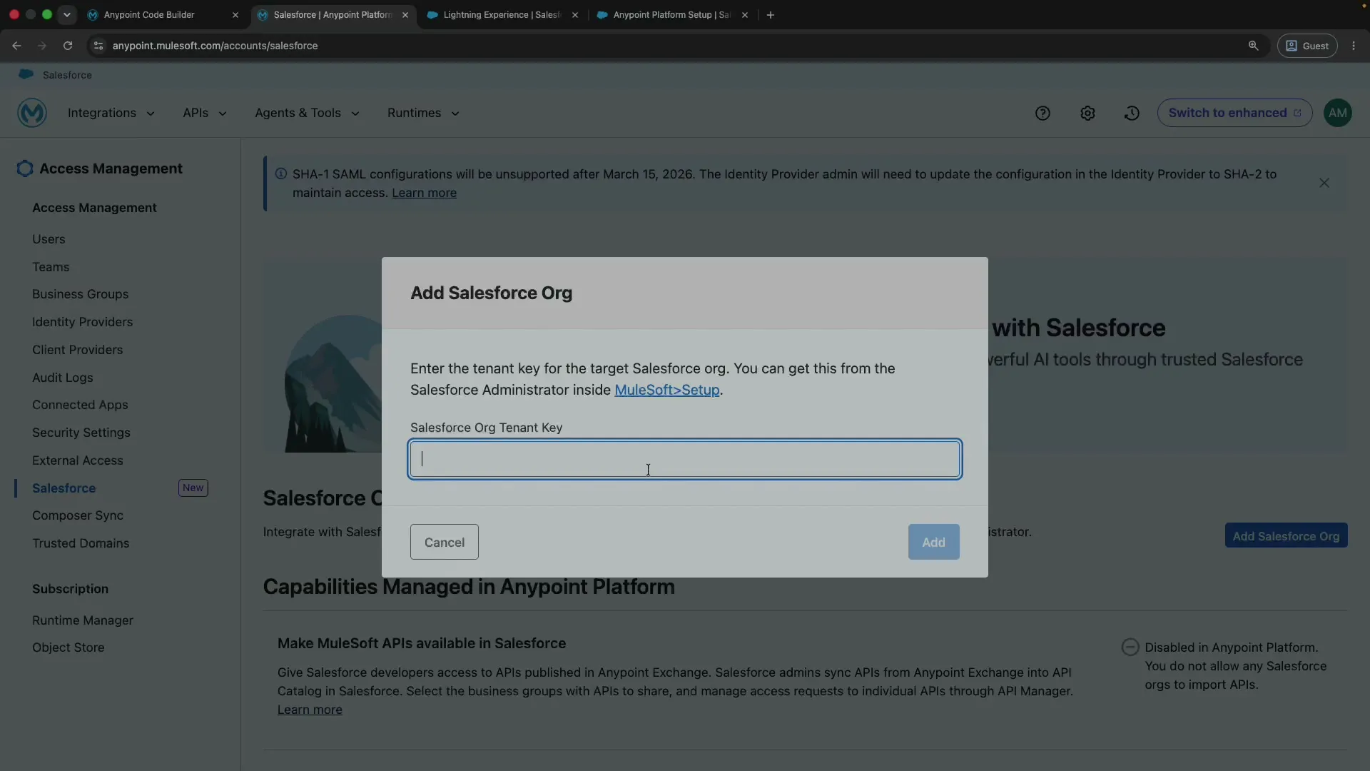 The Add Salesforce Org dialog in Anypoint Platform with a field for the Salesforce org tenant key.