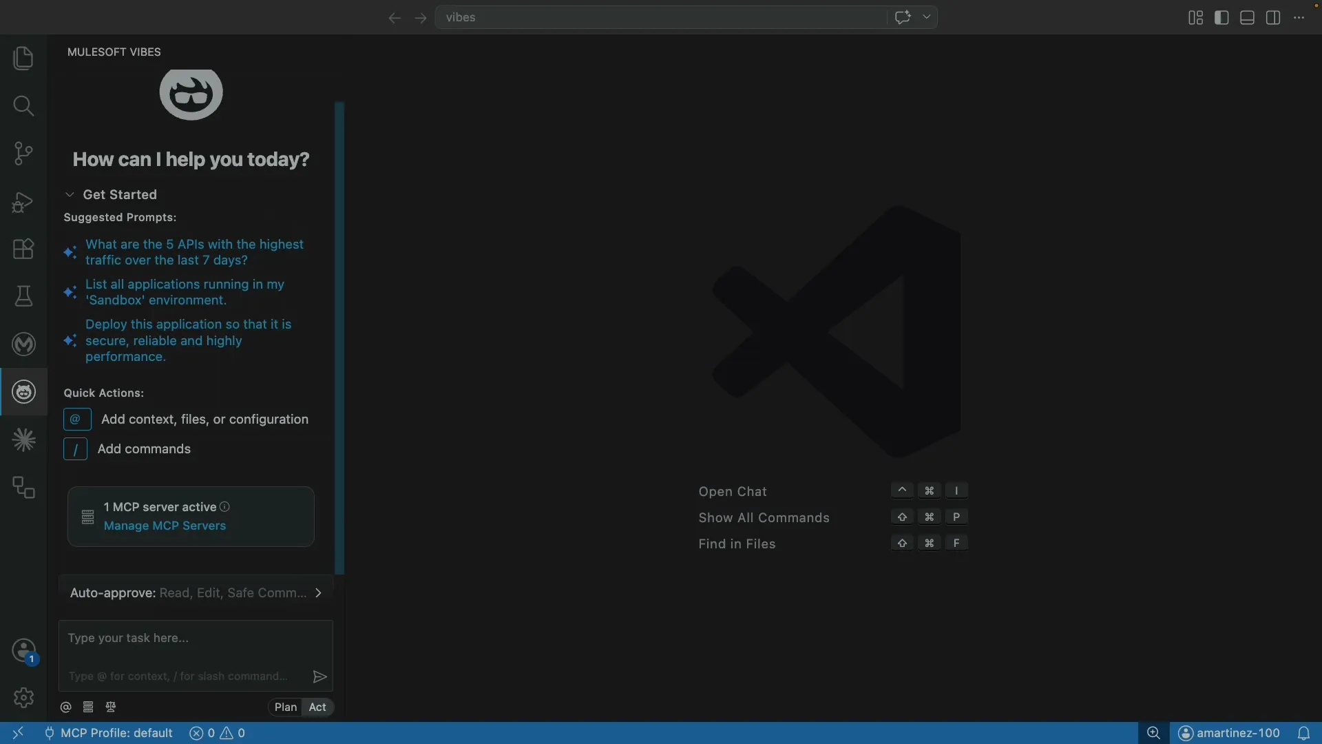 MuleSoft Vibes enabled in VS Code, showing How can I help you today with suggested prompts.