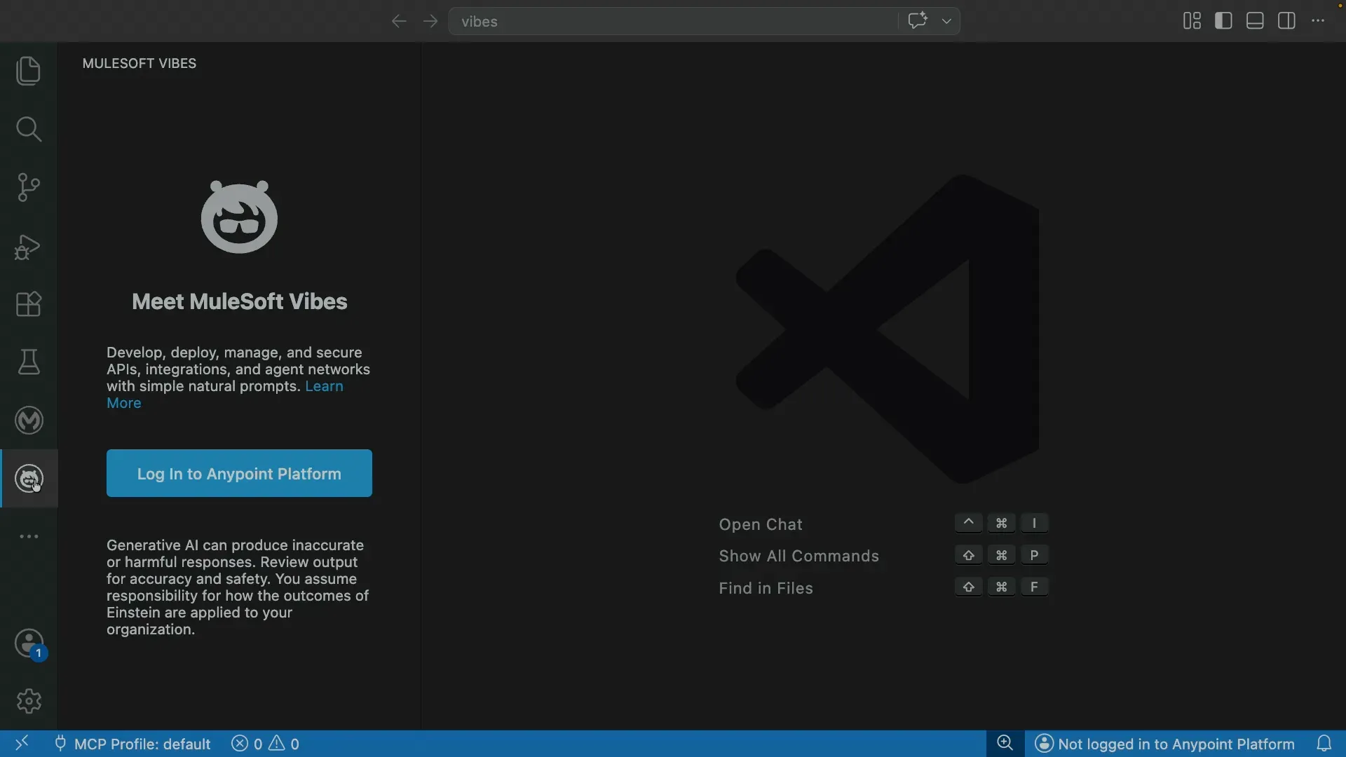 The MuleSoft Vibes welcome panel in VS Code showing a Log In to Anypoint Platform button.