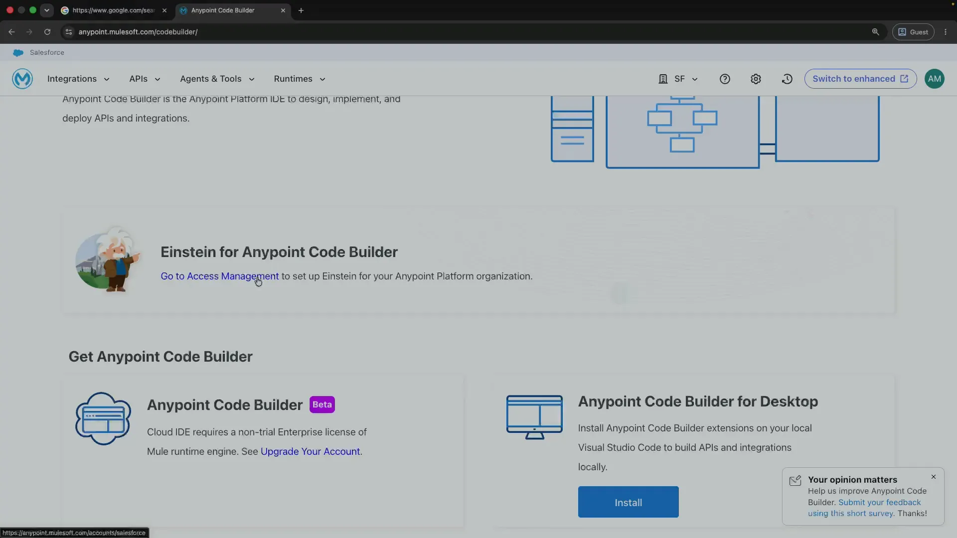 The Anypoint Code Builder landing page inside Anypoint Platform.
