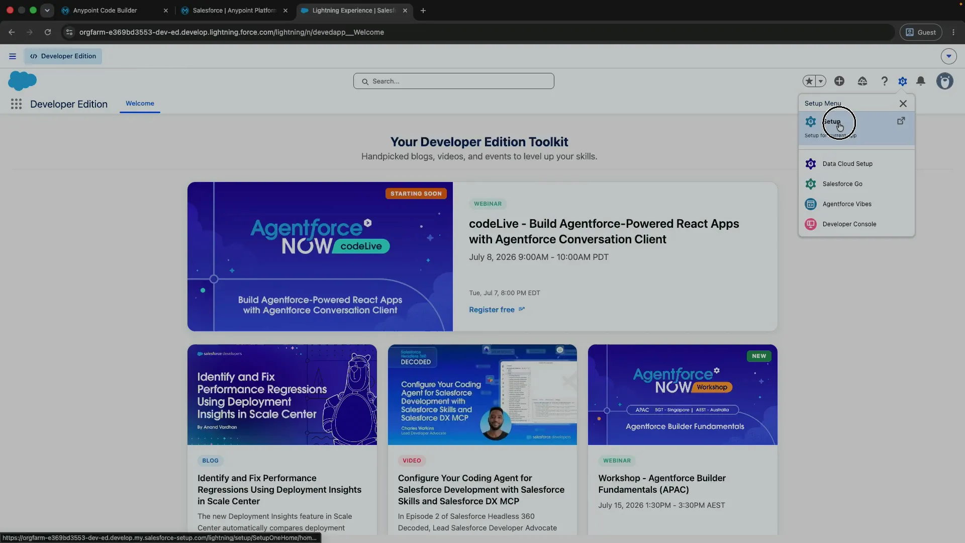 The Salesforce Developer Edition home with the gear-icon menu open and Setup available.