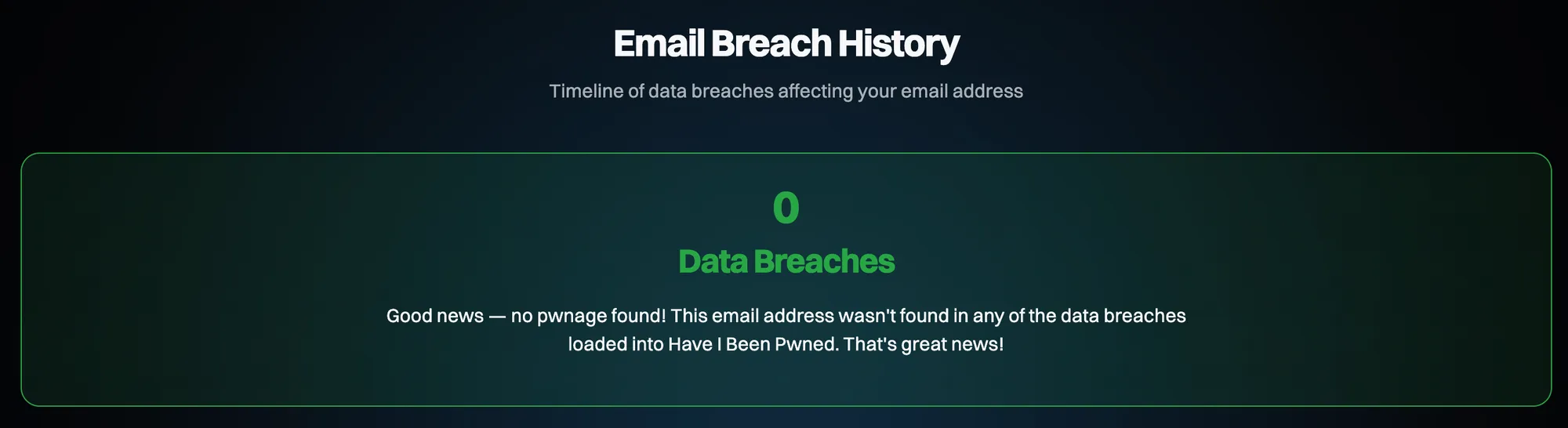 An "Email Breach History" result on Have I Been Pwned showing "0 Data Breaches" in green and the message "Good news, no pwnage found! This email address wasn't found in any of the data breaches loaded into Have I Been Pwned. That's great news!"