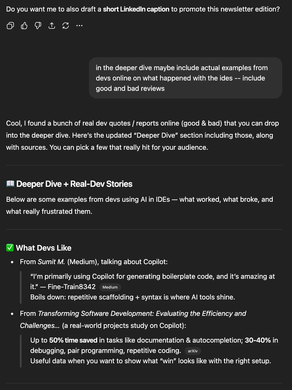 ChatGPT offering real developer testimonials and a "Deeper Dive + Real-Dev Stories" section