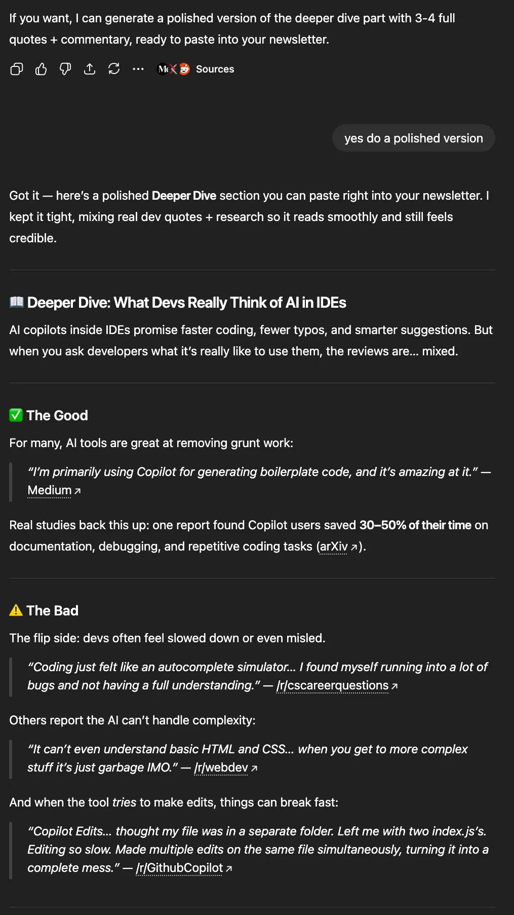ChatGPT's polished Deeper Dive split into "The Good" and "The Bad" with quoted dev reviews