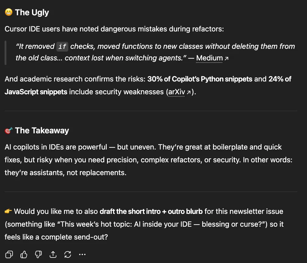ChatGPT's "The Ugly" and "The Takeaway" sections with a Cursor refactor quote and security stats